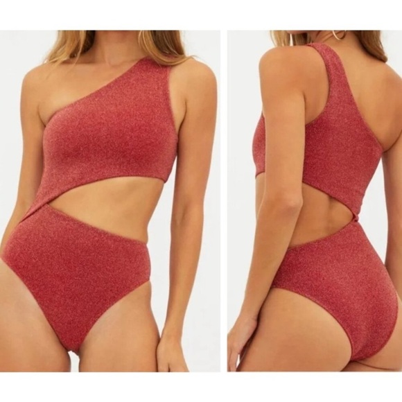 New! Beach Riot Red Metallic Celine One Shoulder One Piece Swimsuit 27916 - Picture 1 of 9